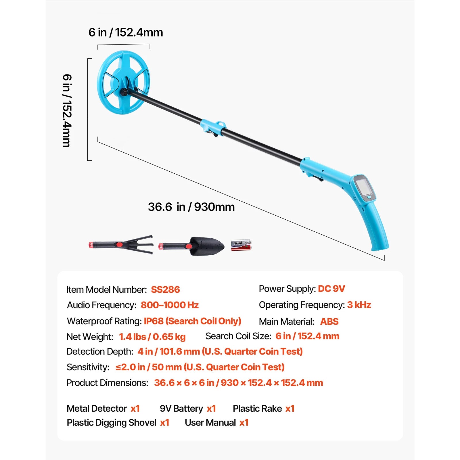 SucceBuy Metal Detector 4" Lightweight LCD 6" IP68 Waterproof Search Coil Adjustable 25.6-36.6" Accuracy For Gold Exploration
