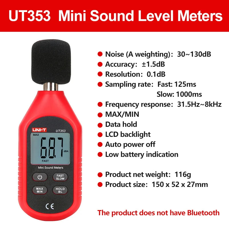 Sonomètre UNI-T UT353 UT353BT, niveau sonore de 30 à 130 dB, décibelmètre, détecteur de son numérique