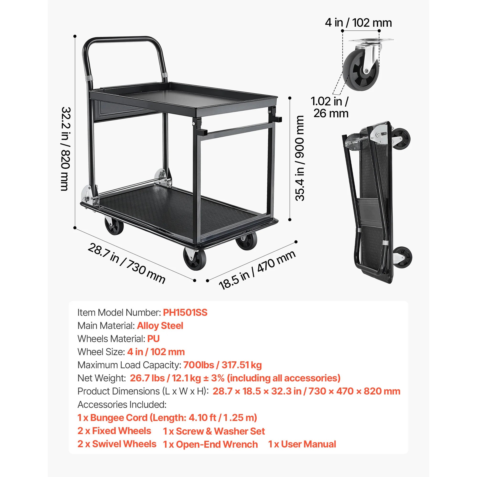 SucceBuy 700 lbs 2 Tier Foldable Heavy Push Cart Dolly Platform Hand Truck with Wheels Moving Flatbed Cart for Warehouse Garage
