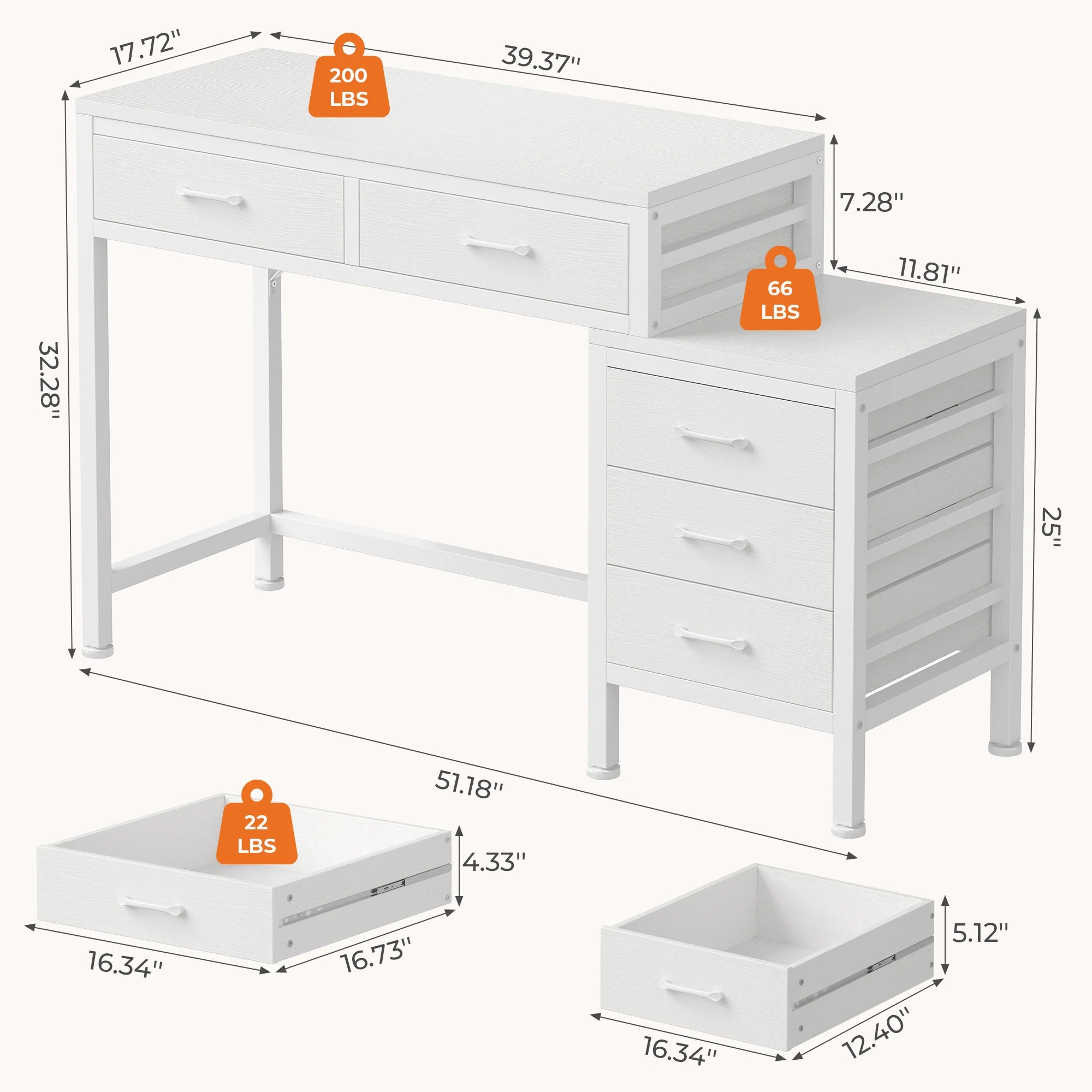 51" Computer Desk with 5 Drawers and Printer Stand Storage