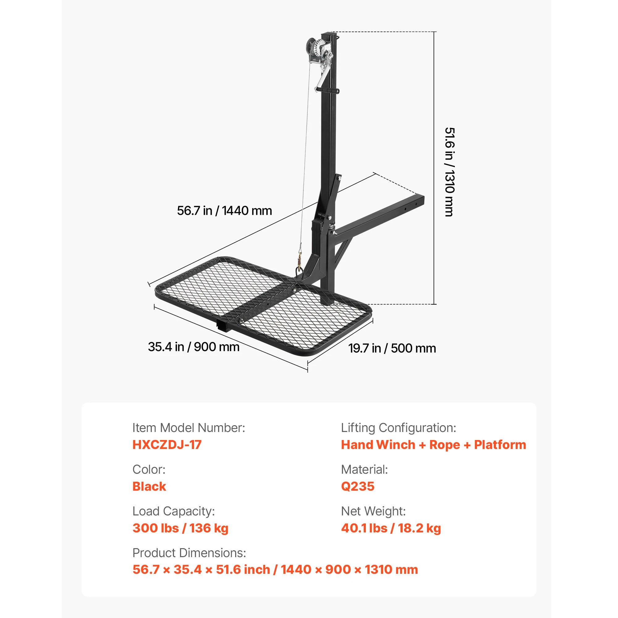 300 lbs Hitch-Mounted Deer Hoist with Platform & 2" Receiver