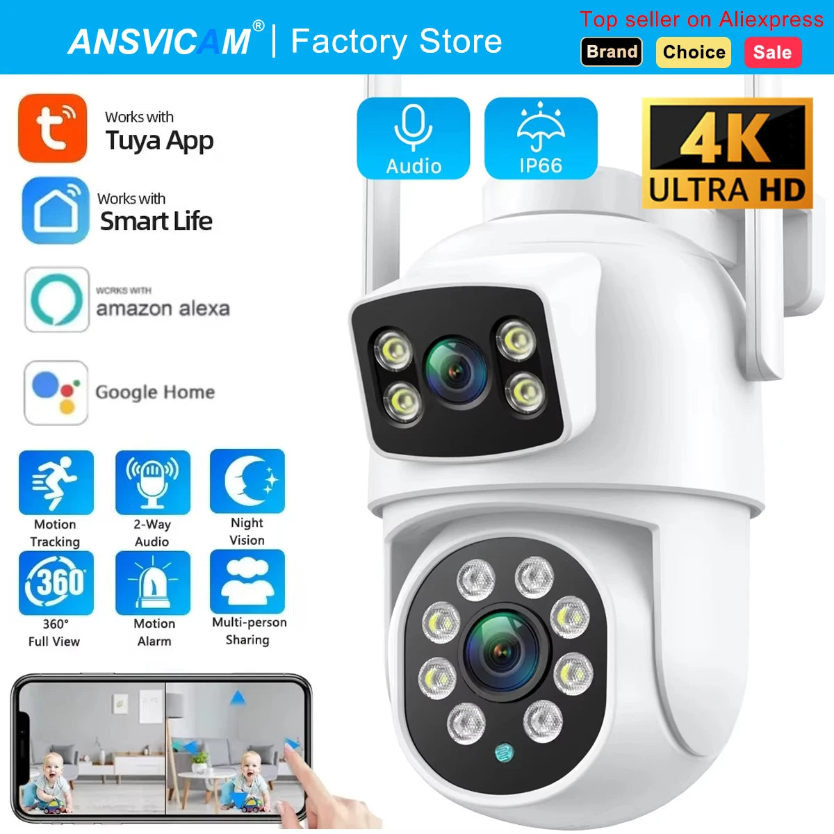 Telecamera di sicurezza PTZ WiFi a doppia lente 8MP con tracciamento automatico