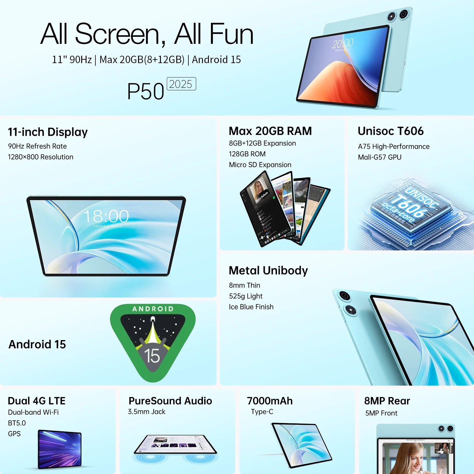 Teclast P50 2025 Android 15 Ταμπλέτα με οθόνη IPS 11"