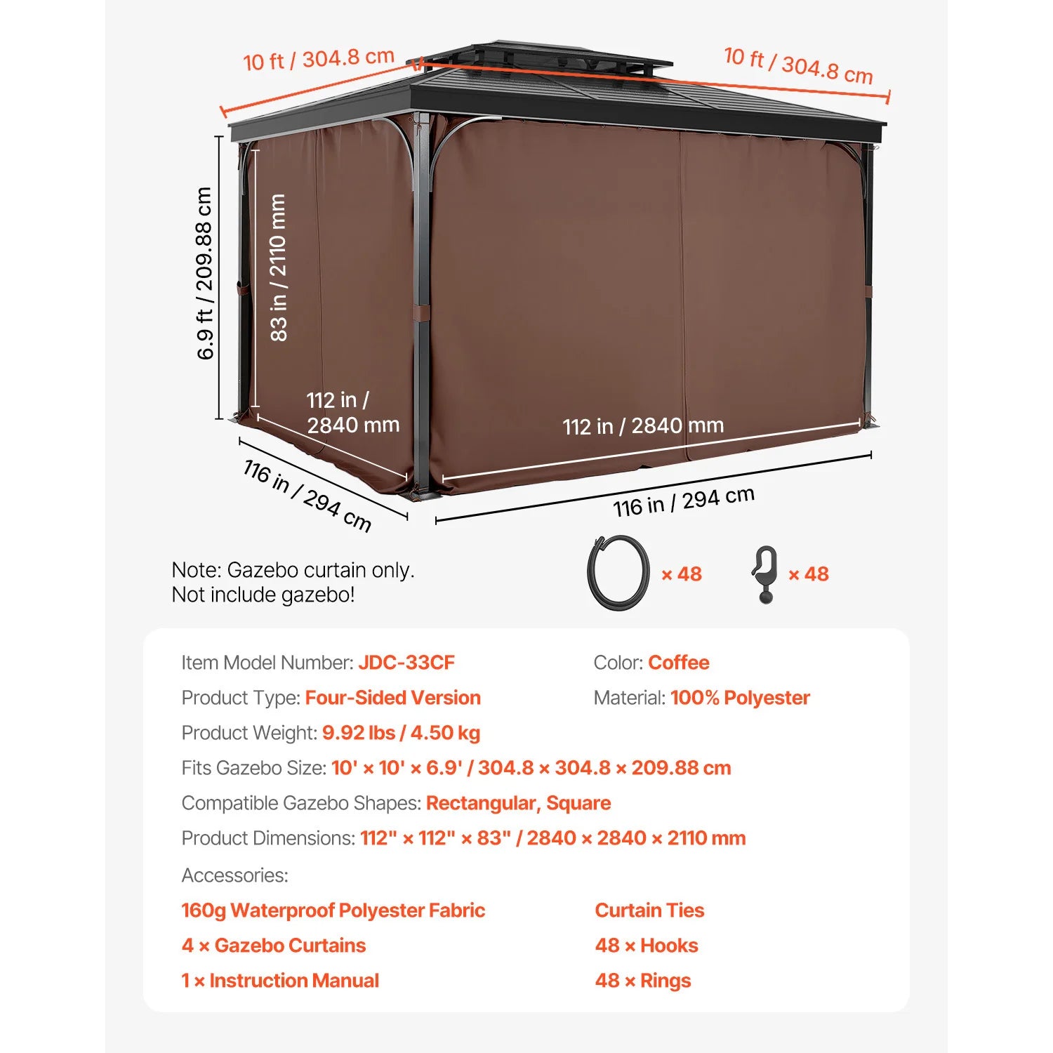 SucceBuy Gazebo Gardiner 4-panel sidevæg gazebo privatlivsgardiner med lynlåse universel solskærm gardiner erstatning til terrasse