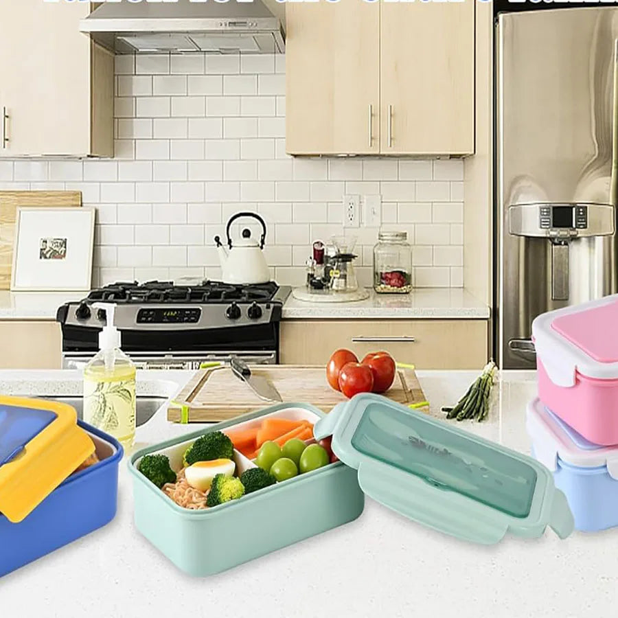 Three-Compartment Lunch Box with Spoon and Fork