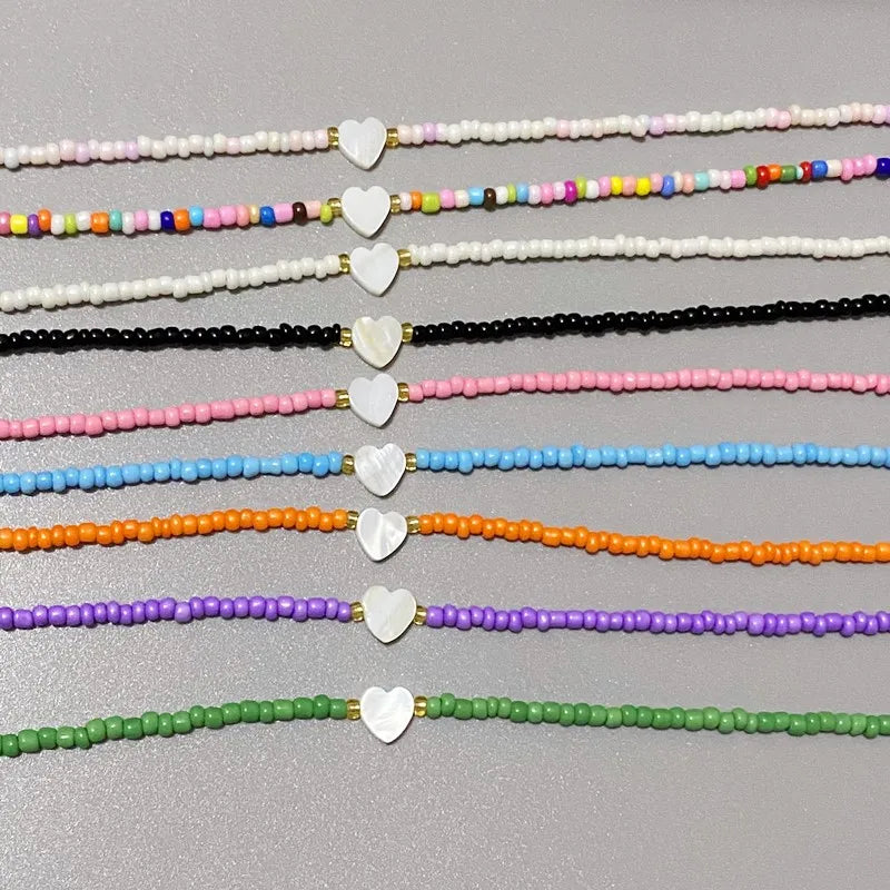 New Nature Shell Love Heart Choker Necklace for Girl Spring Summer Fashion Small Colorful Glass Beads Necklace Gift for Friend 