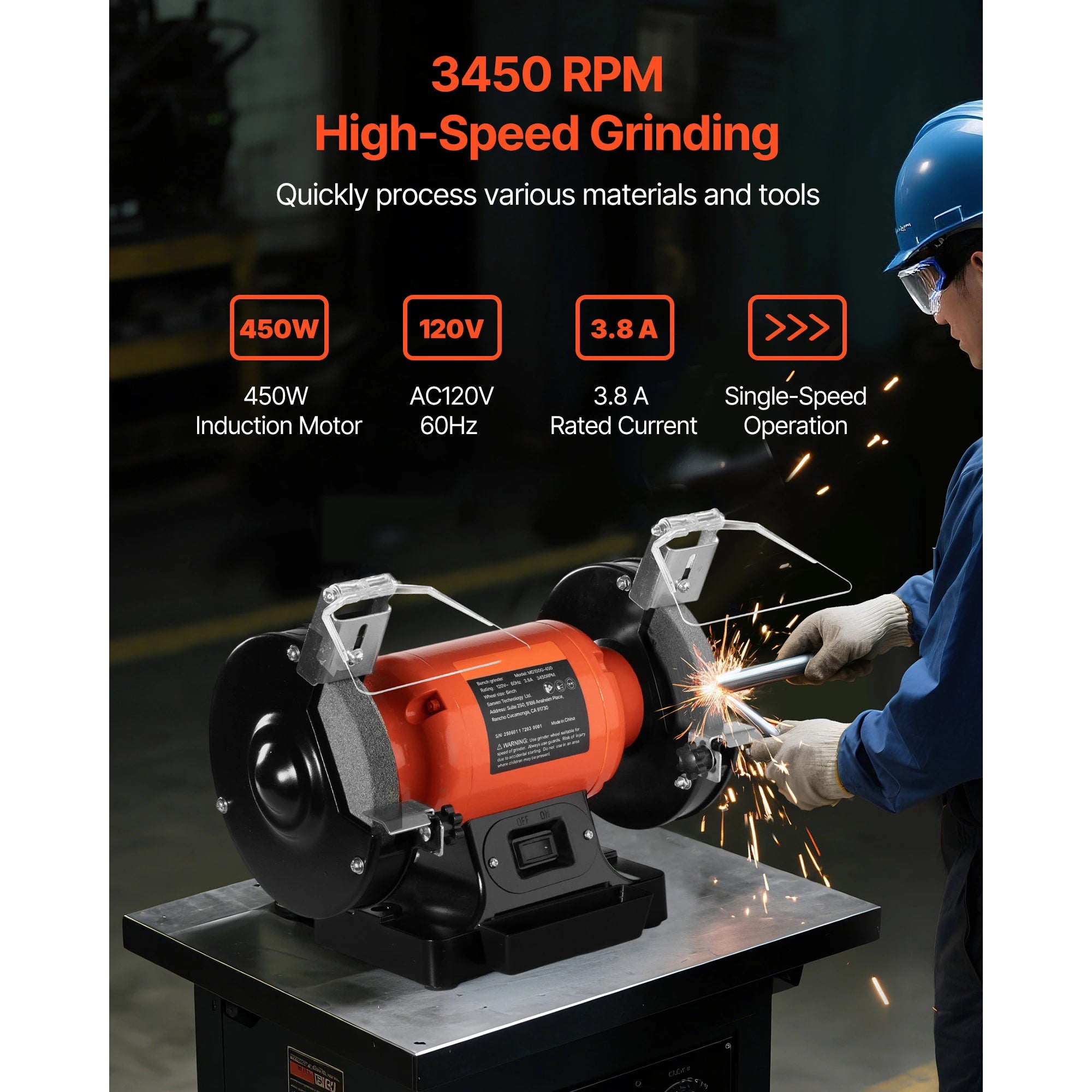 6 İnç Tezgah Taşlama Makinesi 3450RPM Çift 36/60 Kum Tekerlekli