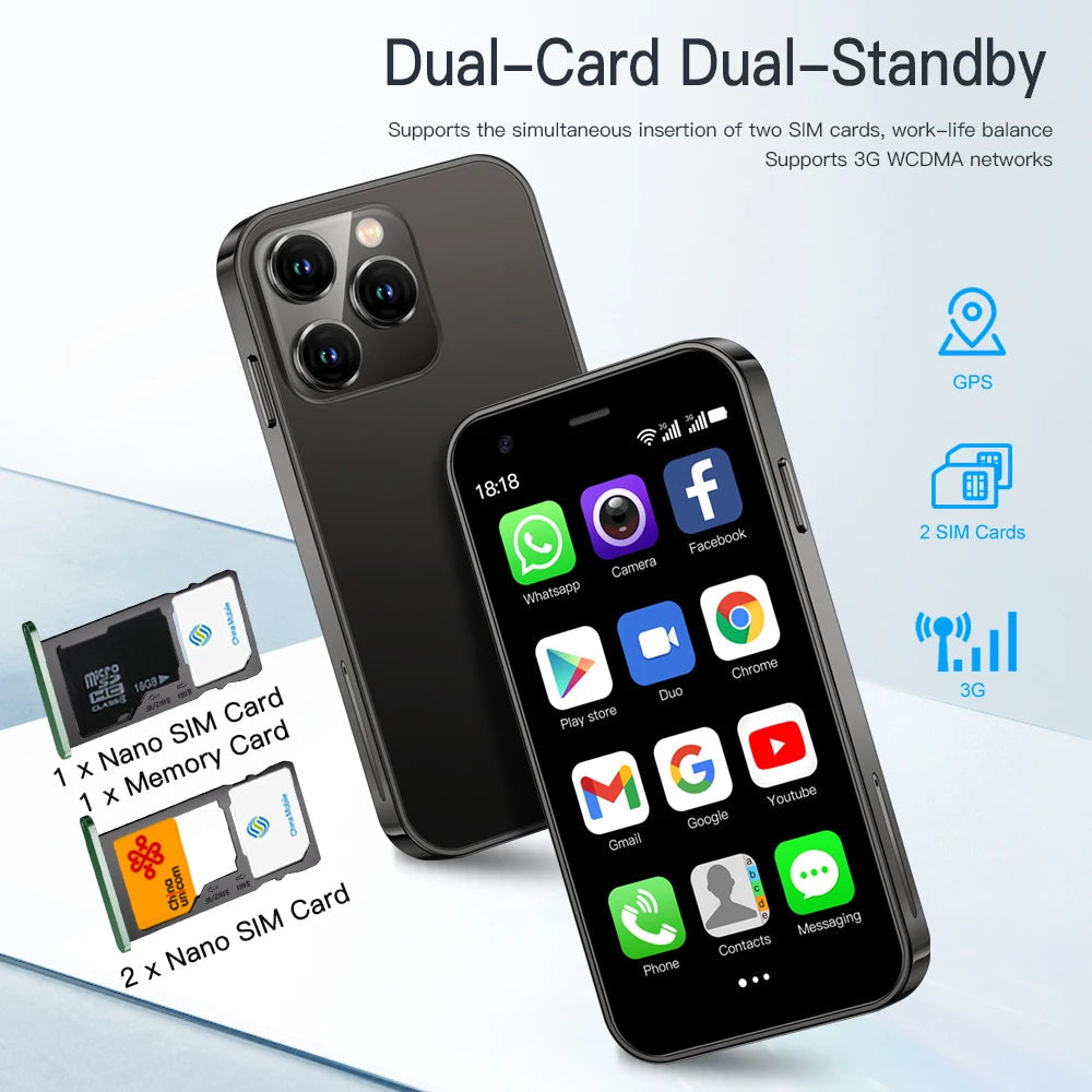 SERVO 15SE Mini Smartphone 3G WCDMA Android System WiFi Hotspot Play Store 3.0" Display Small Palm Smart Phones Dual SIM Standby 