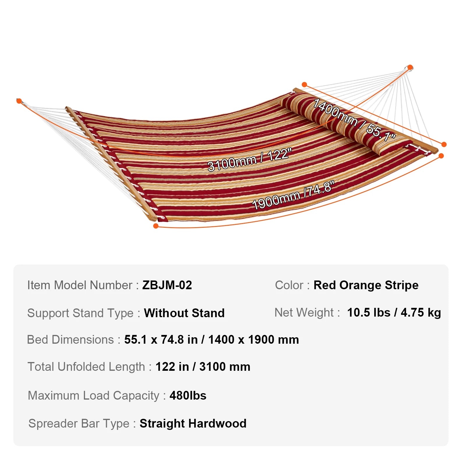 Hamac pour deux personnes Succe avec support inclus, Hamac double avec barres d’écartement courbes, et coussin détachable et sac portable