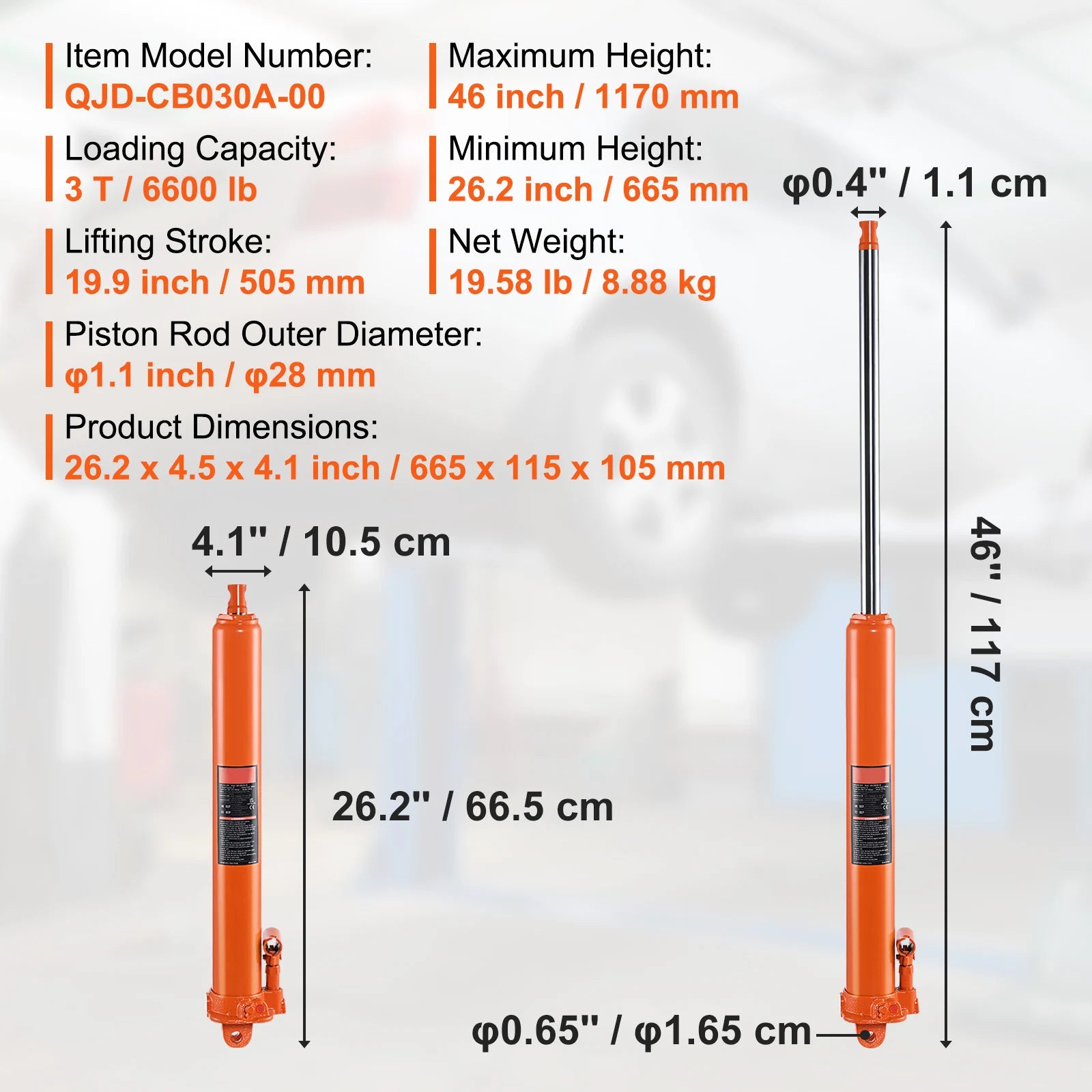 3-Ton Hydraulic Long Ram Jack for Engine Hoists with 26–46" Lift Range