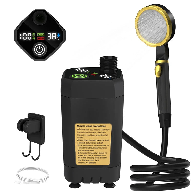 Portable Camping Shower Pump Kit with Digital Display and 6000mAh Battery