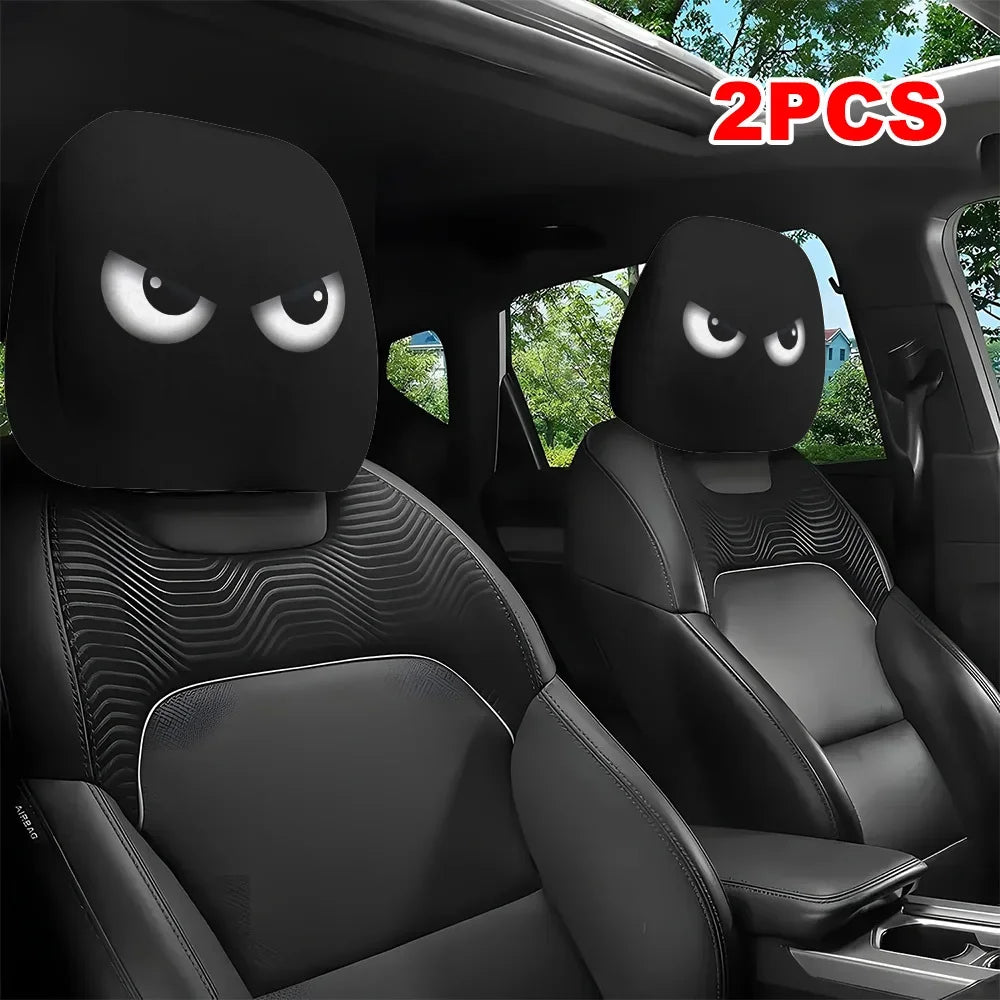 2PCS Funny Slanted Eyes Cartoon Print Car Headrest Cover for Halloween Christmas Holiday Automobile Interior Decoration 