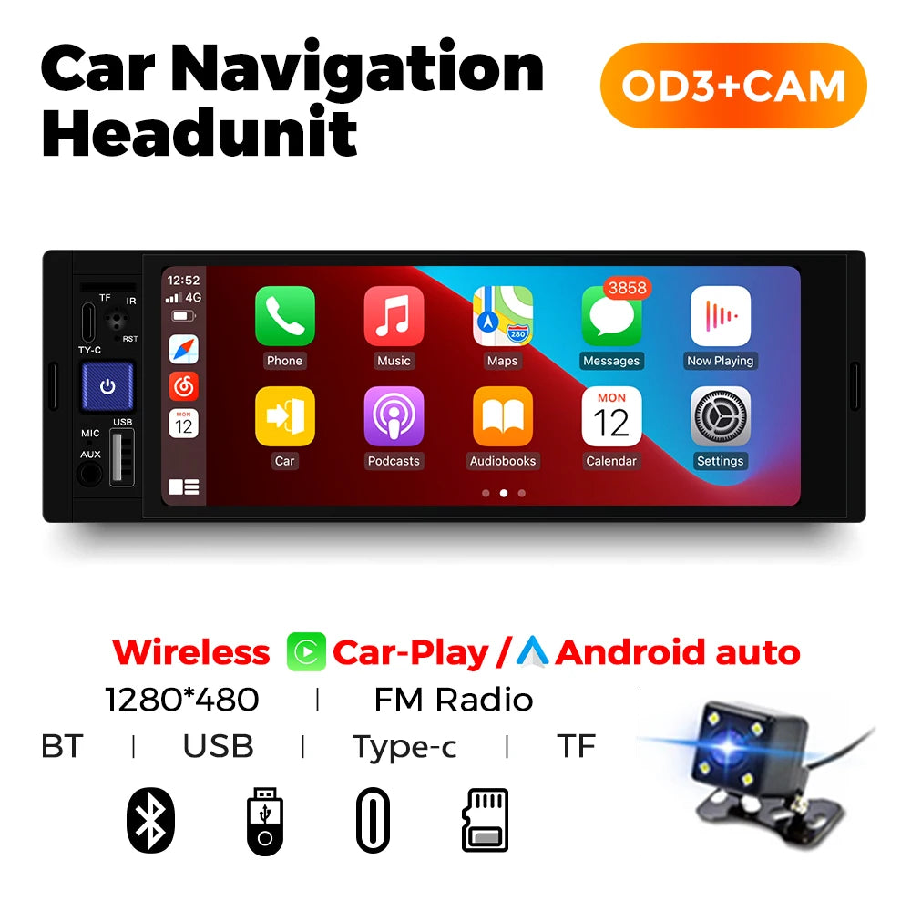 6,86" 1DIN autoradio met draadloze CarPlay, Android Auto en Bluetooth