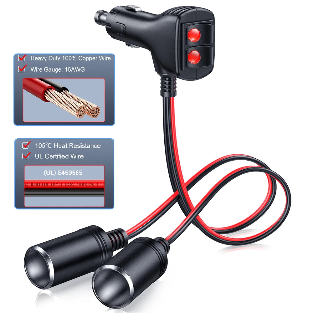 12V 24V 1 to 2 Car Cigarette Lighter 16AWG 1 to 2 Car Cigarette Lighter Splitter Adapter Power Charger with 10A Fuses