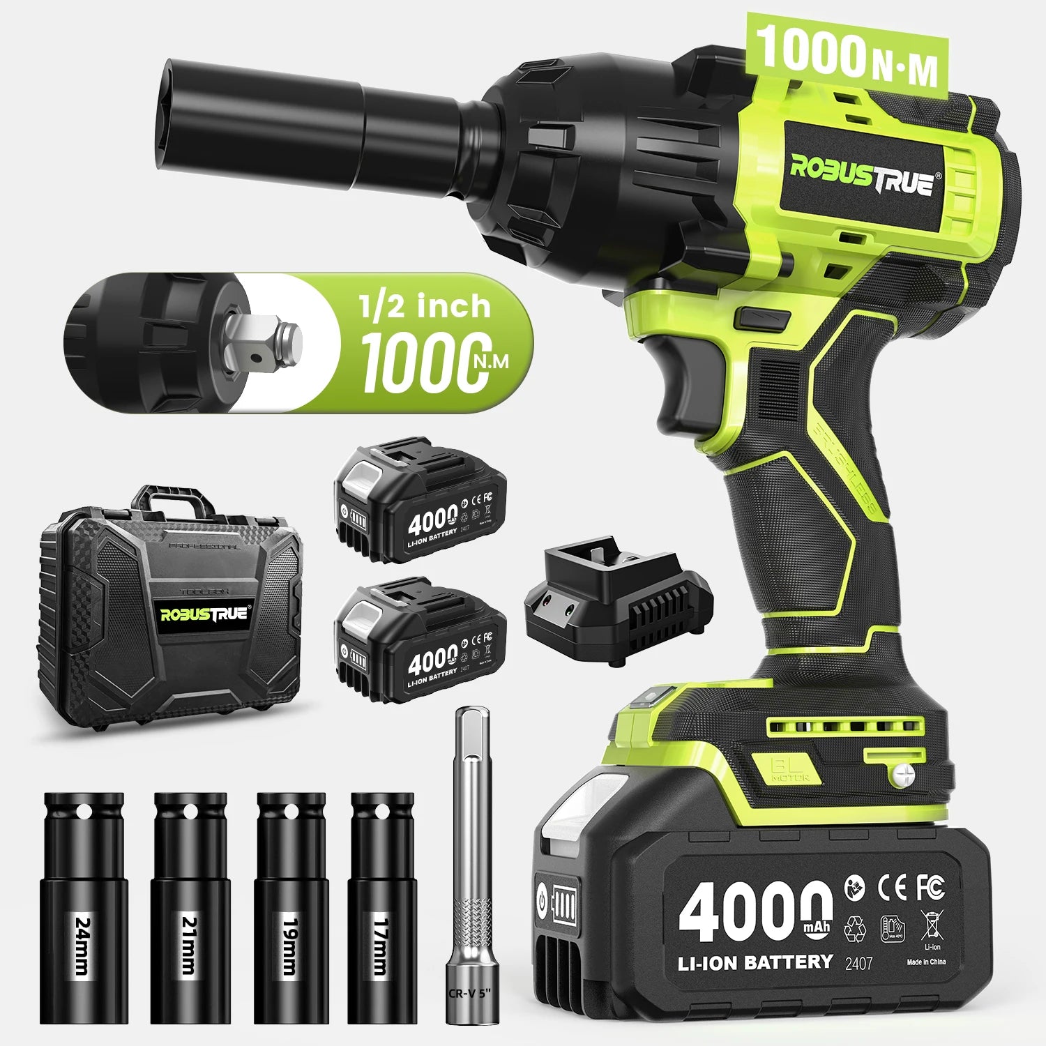 1000N.m Brushless Cordless Impact Wrench with 2 x 4.0Ah Batteries