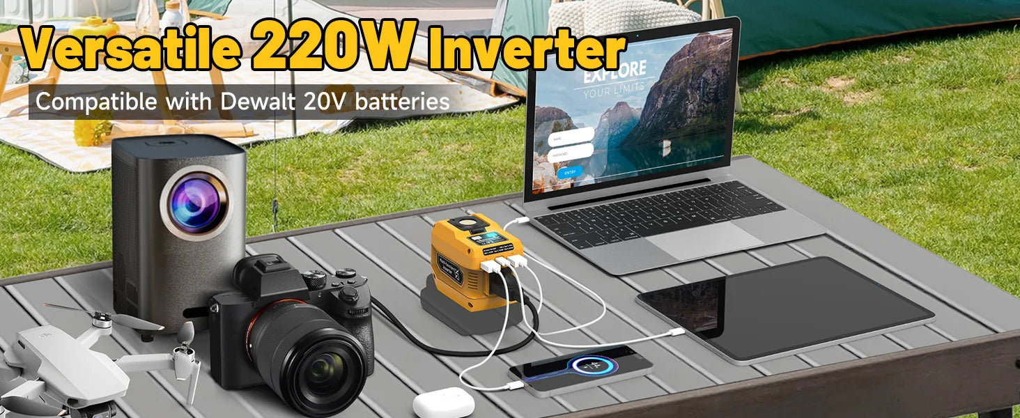 220W Power Inverter for DeWalt 20V Batteries, 110V Output