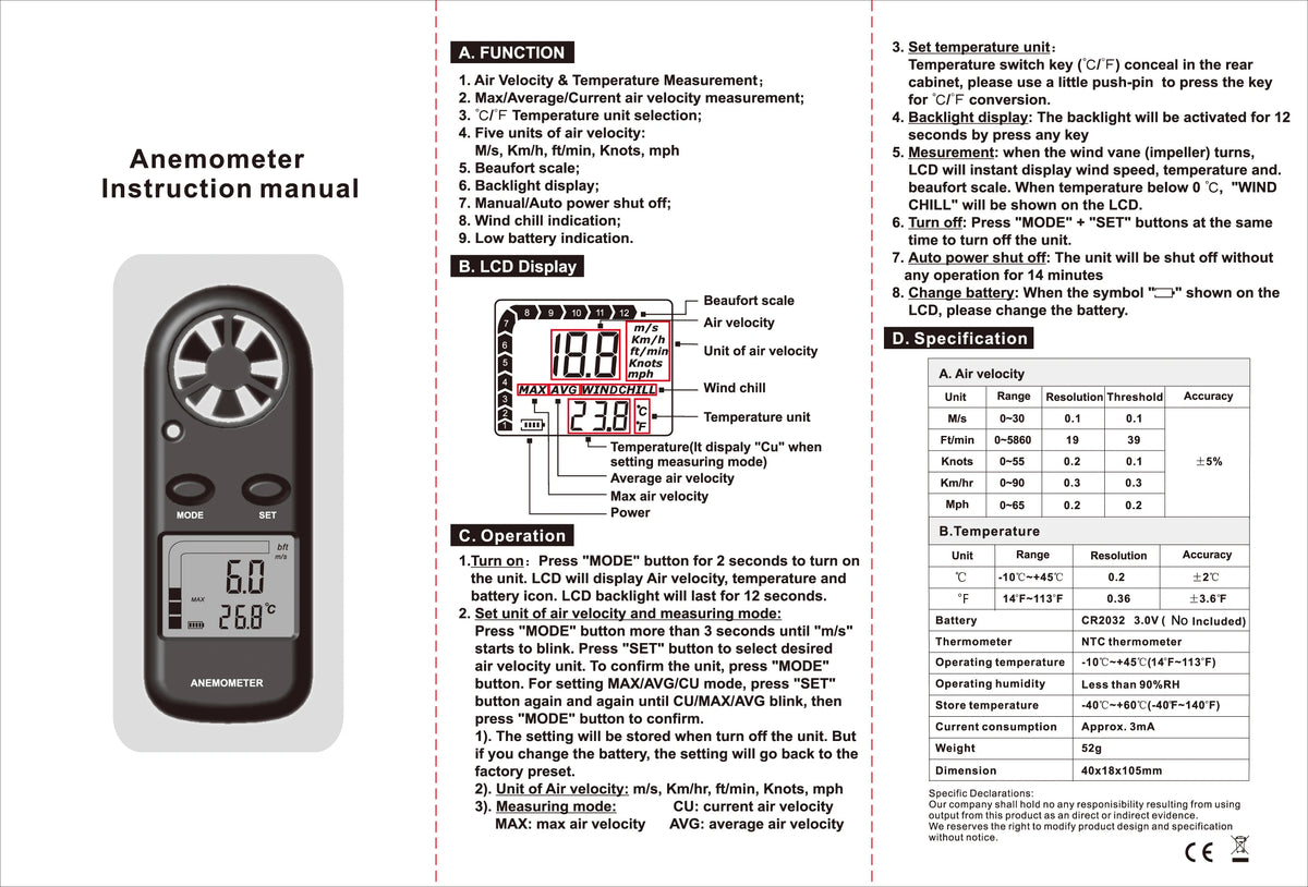 Pocket Digital Anemometer Mini Wind Speed Meter 0-30m/s Air Velocity Airflow with LCD Backlight