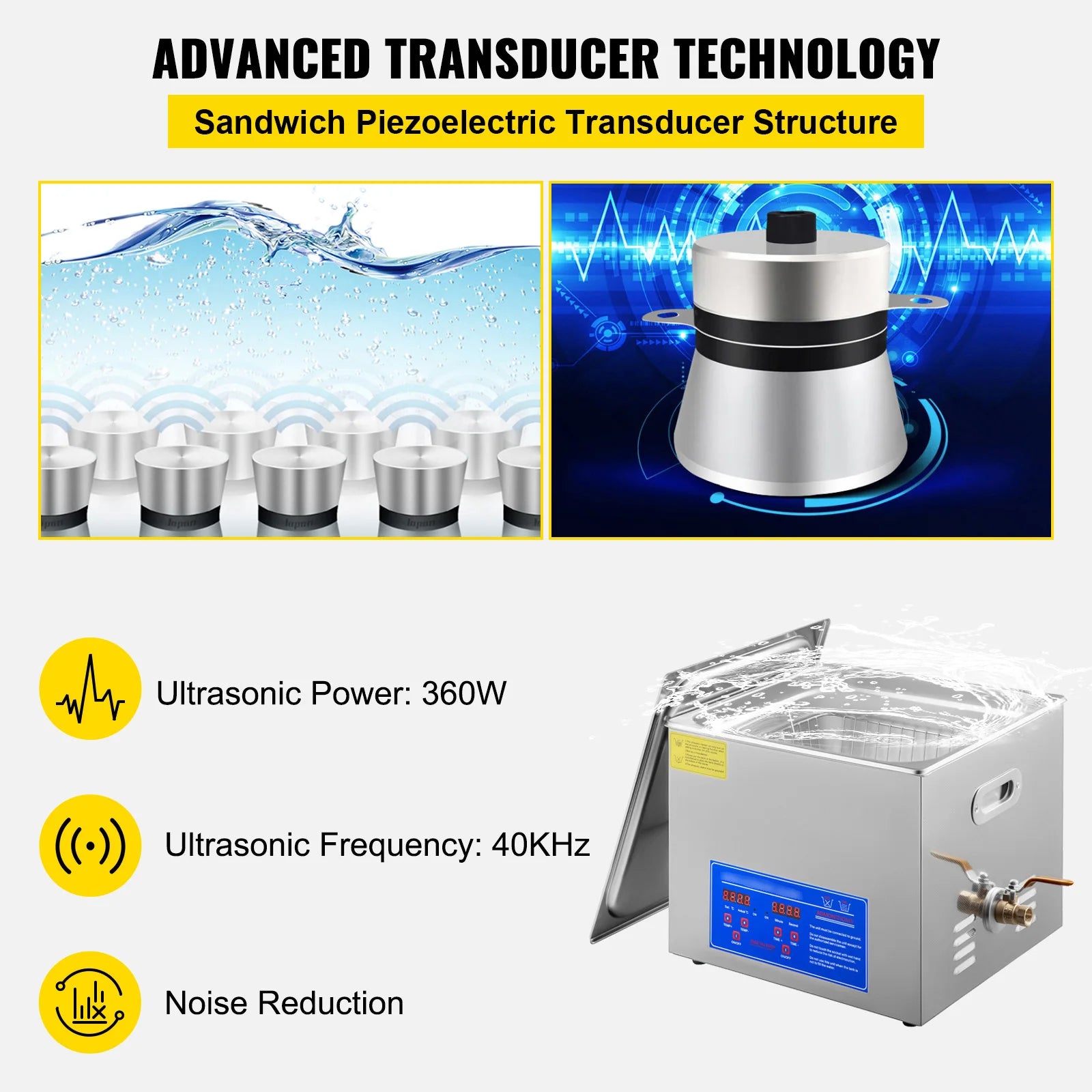 15L Ultralydsrens med 40 kHz, varme og digital timer