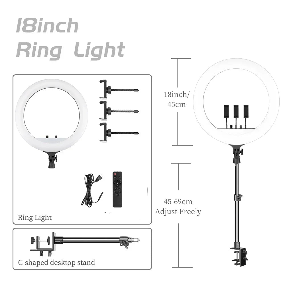 SH 18 Inch Thin Ring Light LED Selfie Video Lamp With Tripod Stand Phone Clip For YouTube Live Light Photography Studio 