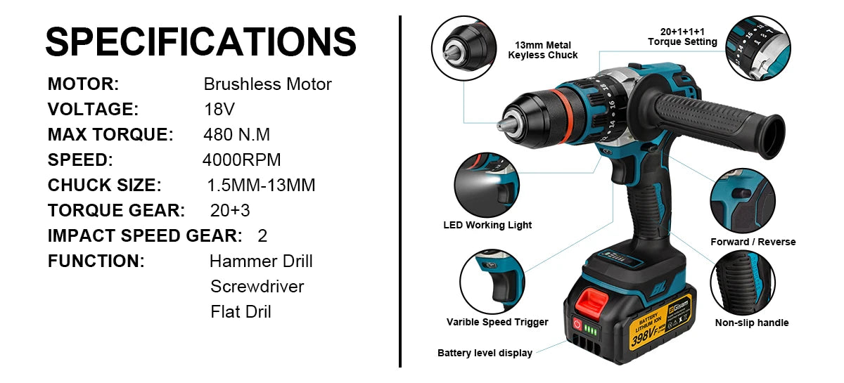 480N.M Brushless Electric Impact Drill for Makita 18V Batteries