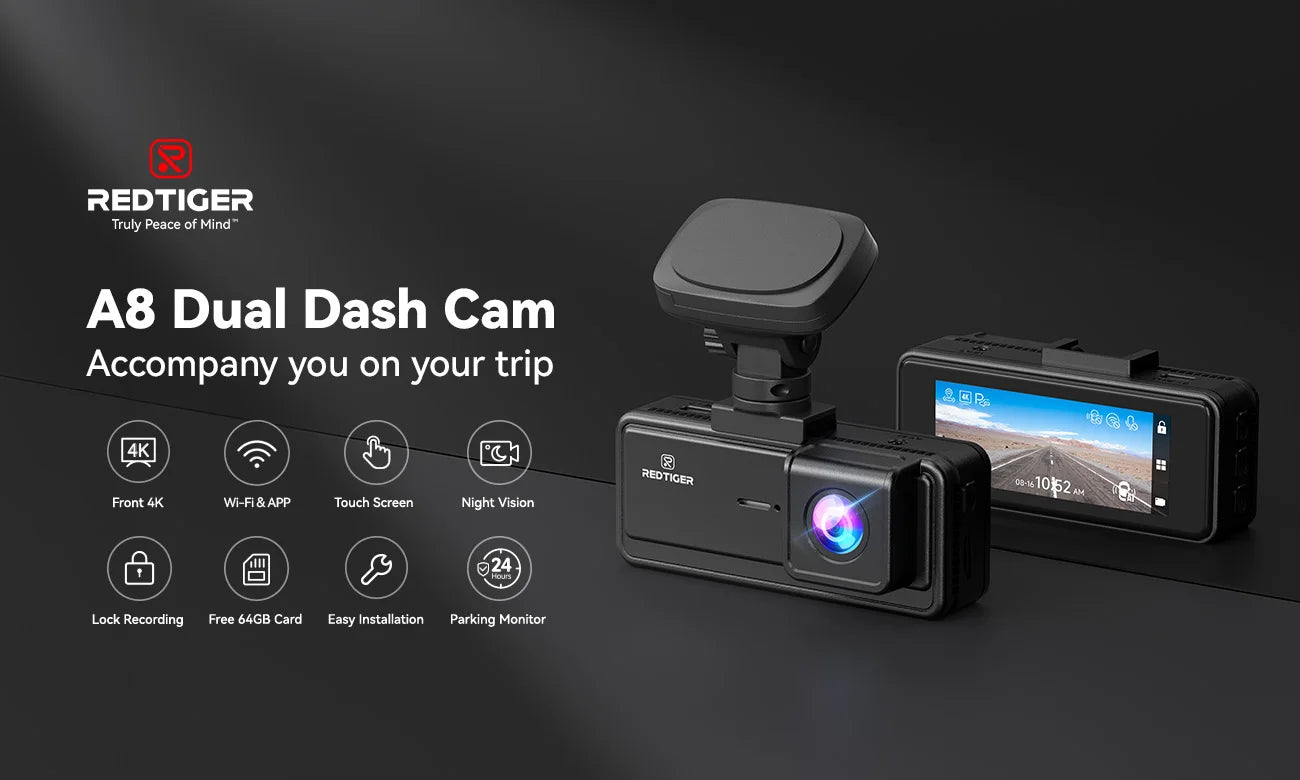 REDTIGER A8 4K+1080P Dash Cam with GPS, WiFi, Touch Screen