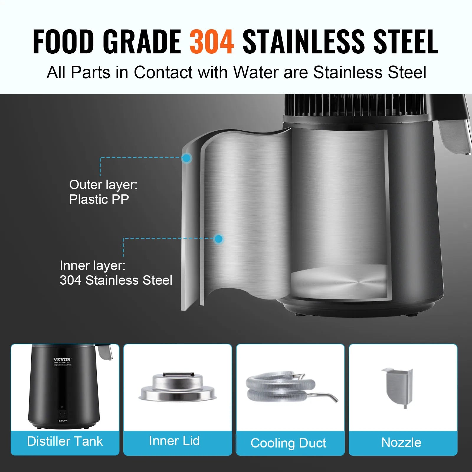 4L Countertop Water Distiller 750W Stainless Steel Purifier