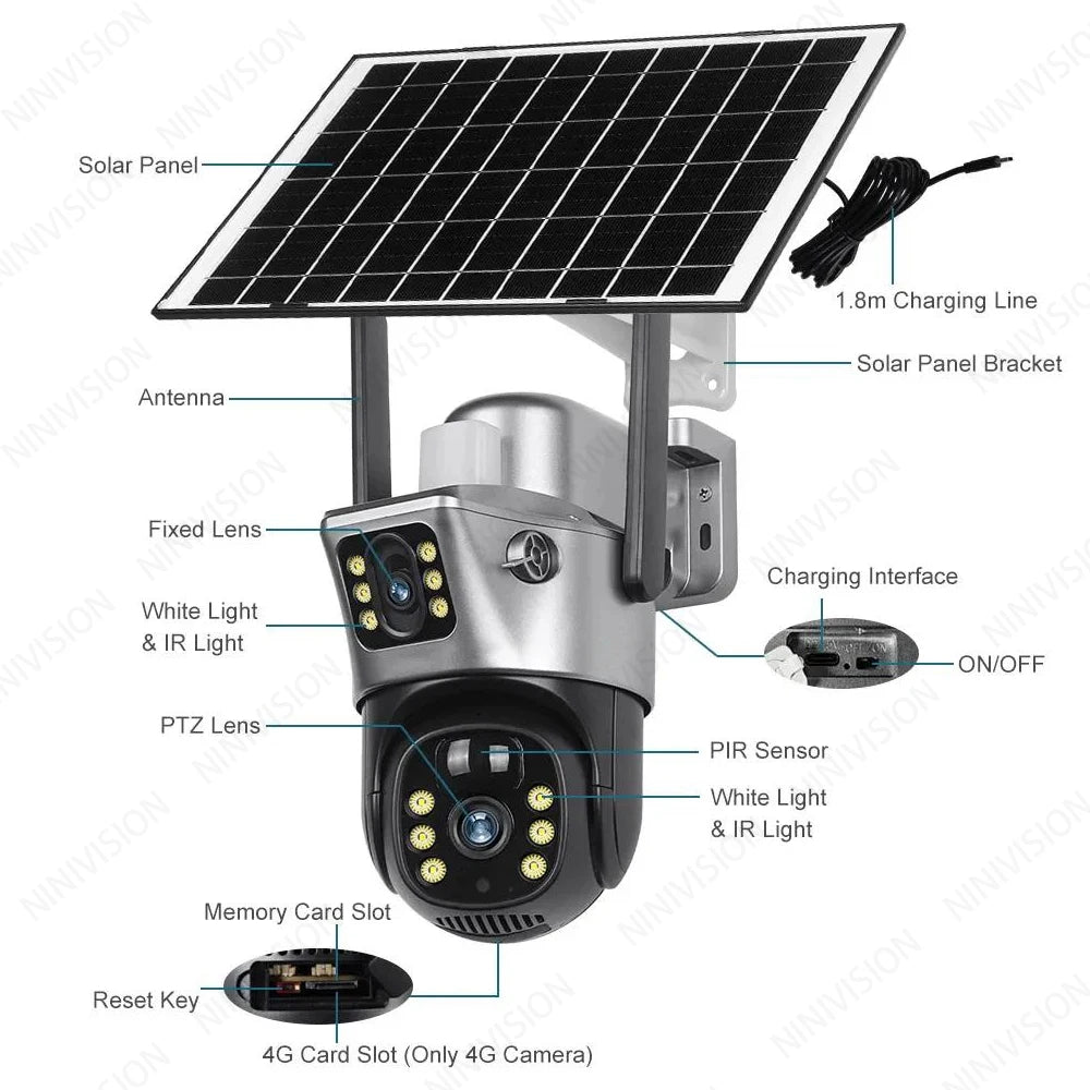 4G Solar Dual Lens Outdoor Security Camera 8MP 4K PIR Human Detection