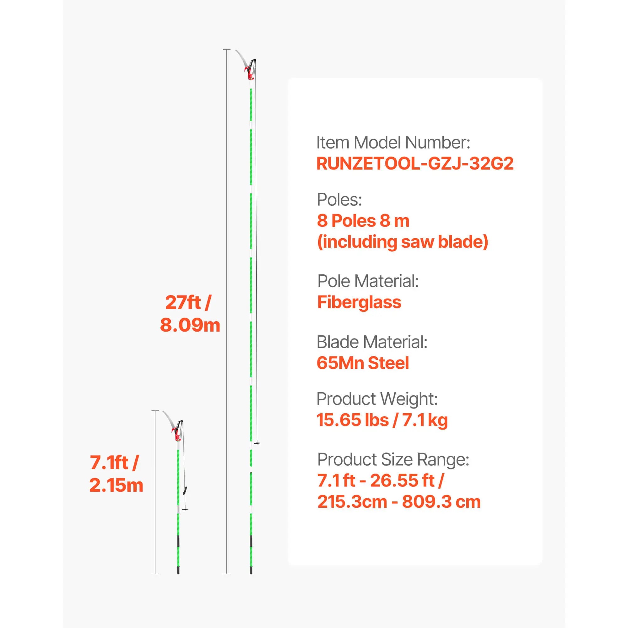 SucceBuy manuálny pílka na stĺp Pole Saw 3,87–27 ft Rozšíriteľná vetvička Pruner ostrý 65Mn oceľový list Sklenená sklenená násada na tyč pre strihanie vysokých konárov