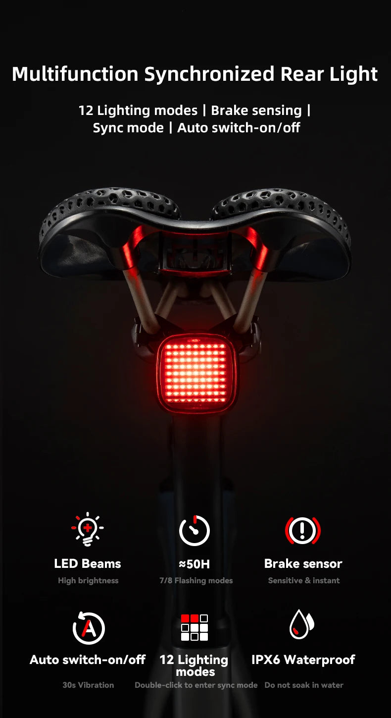 Smart Bike Rear Light with Brake Sensing & Sync Mode