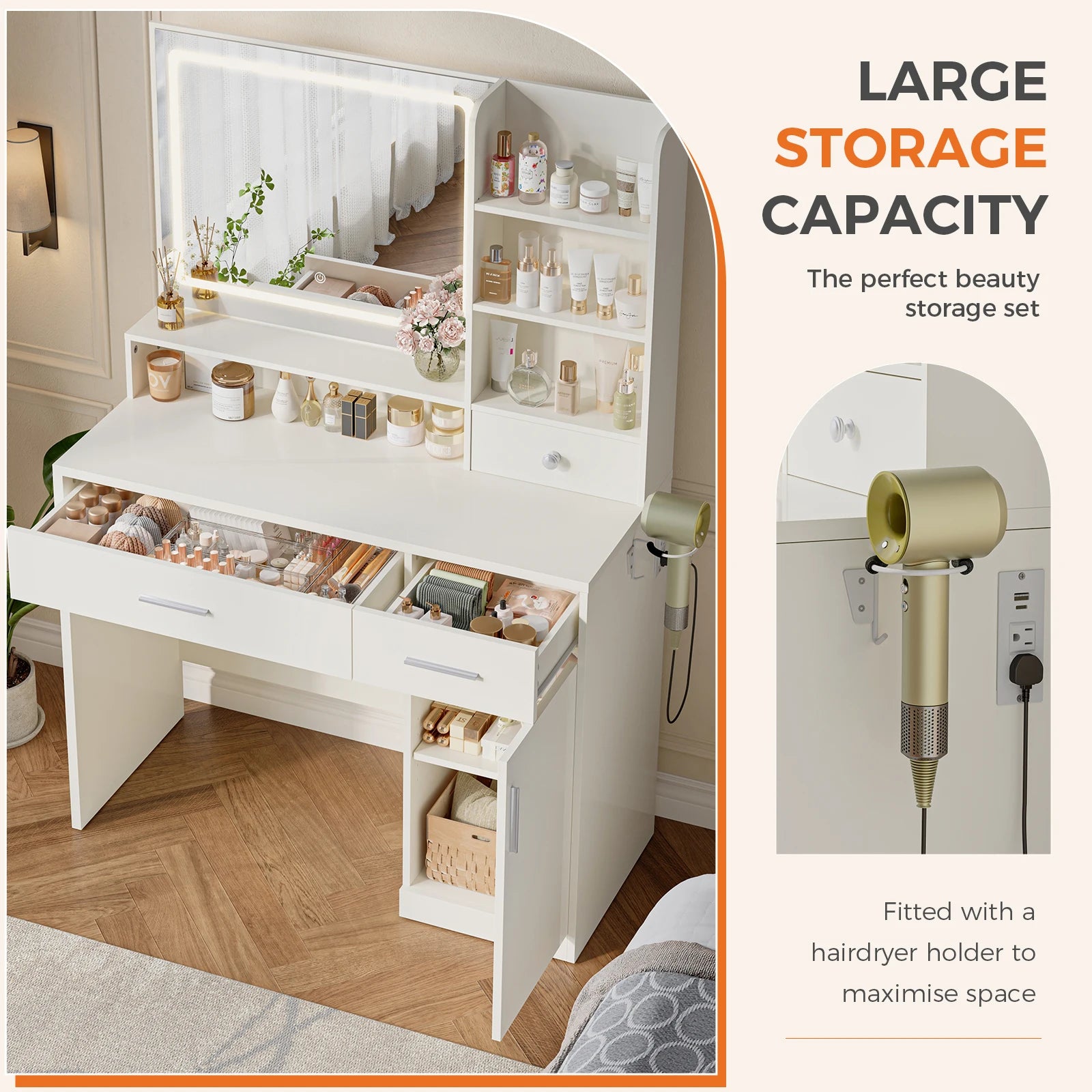 Modern Makeup Vanity Desk with Lighted Mirror, Storage & Charging