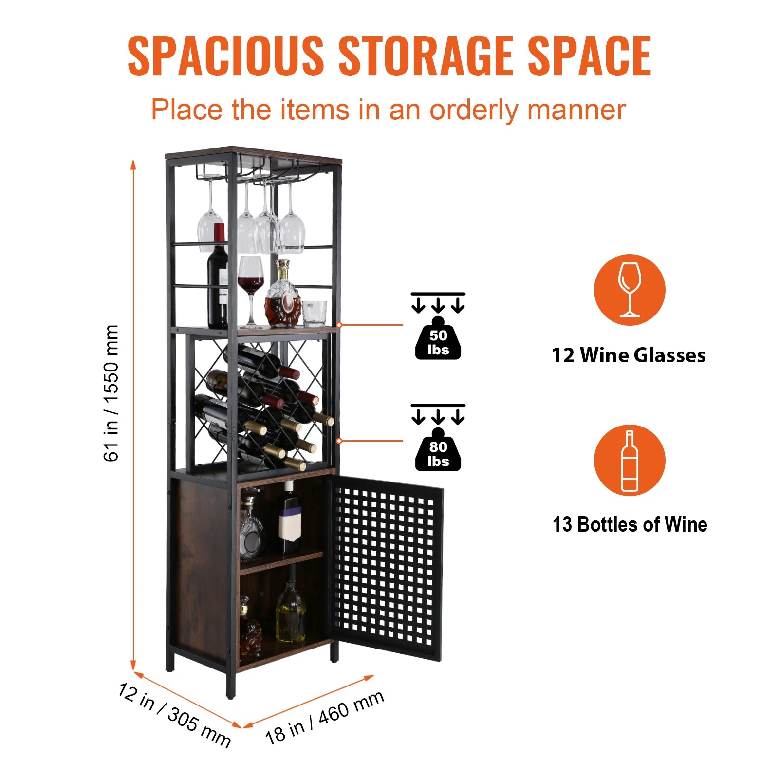 Aparador de vino estilo rústico con soporte para copas, capacidad para 13 botellas