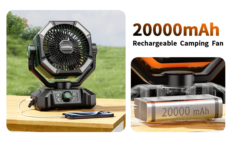 20000mAh Camping Fan with LED Lantern, Remote, 8 Speeds