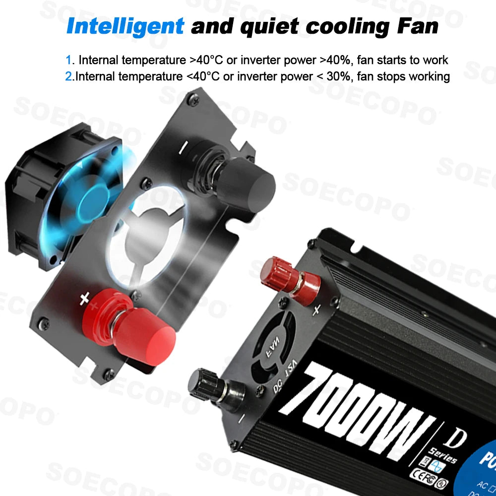 Έξυπνος Αντιστροφέας 7000W DC 12V/24V/48V σε AC 110V/220V με Φορτιστή, Αντάπτορας με Θύρα USB & Πιστοποίηση CE/FC