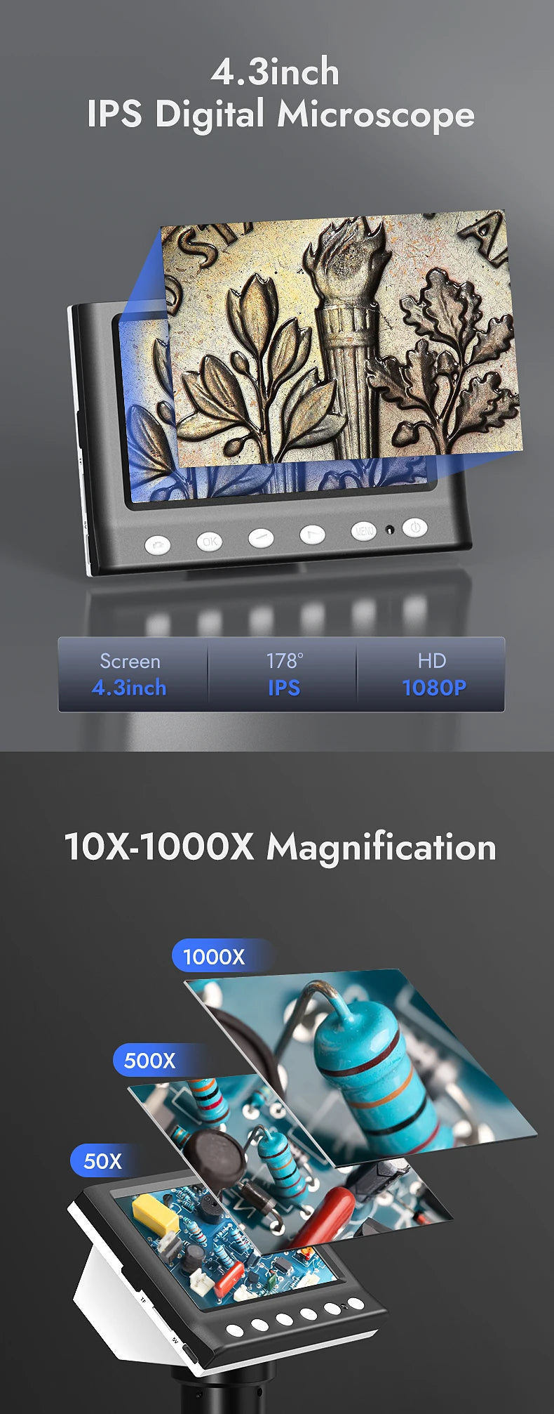 RIEVBCAU DM7 4.3'' Digital Microscope 1000X Coin Microscope 1080P Video Microscope for Adult Soldering With 8 LEDs Dropshipping 