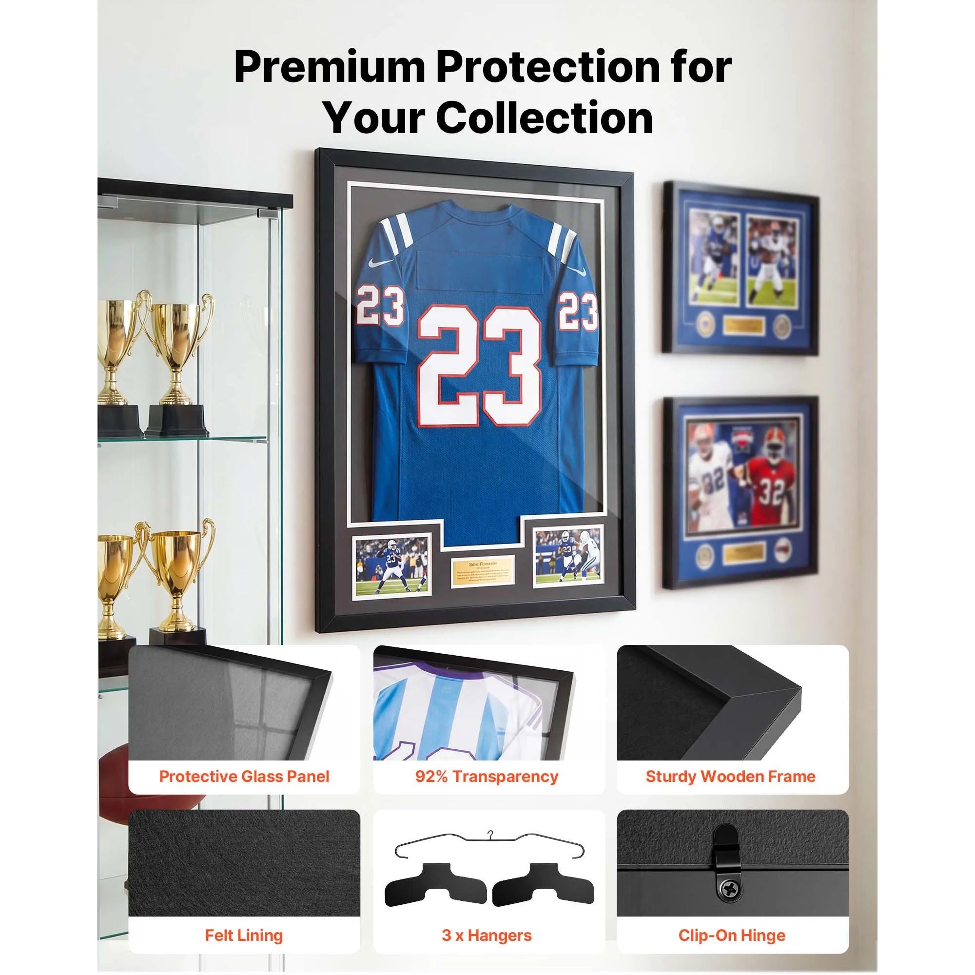 SucceBuy okvir za prikazovanje dresov, leseni okvir za dres z sencnim škatlom za športe z 98% UV zaščito PC plošče in obešalnik za baseball, košarko, hokej, majico, športno uniformo
