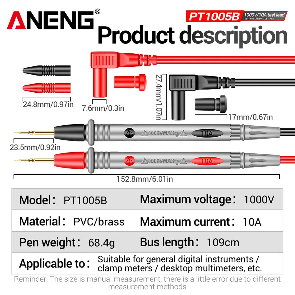 Cables de prueba para multímetro ANENG PT1005B, 10A 1000V