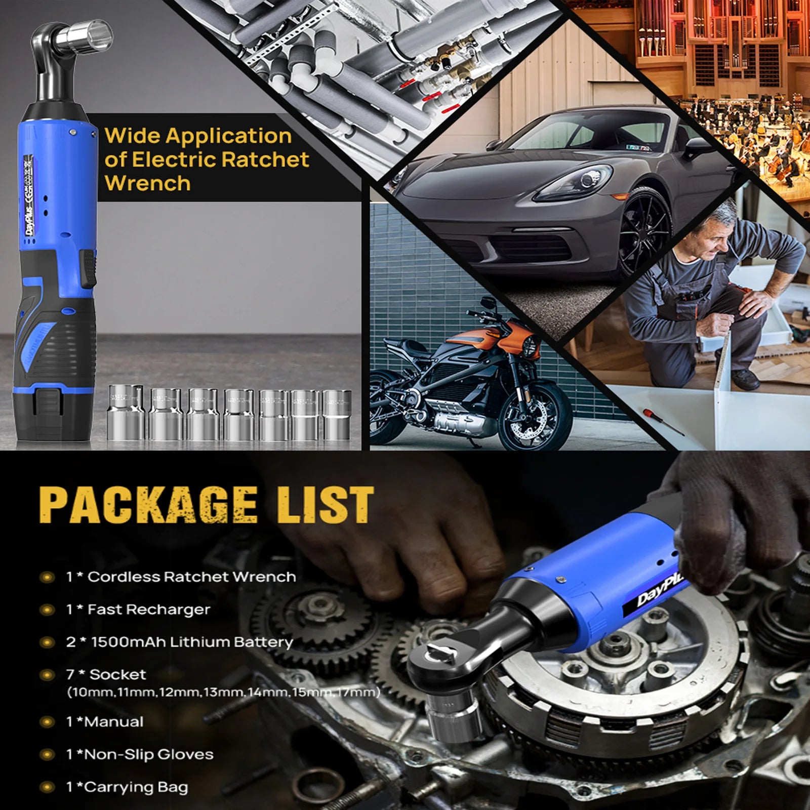 Electric Cordless Ratchet Wrench 3/8'' 90° Angle with LED and Socket Set