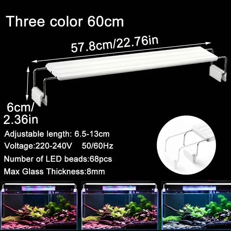 Aquarium LED Fish Tank Light, 3 Color Full Spectrum Adjustable Water Plant Lamp, Telescopic Clip-On Light for 18-75cm Aquariums