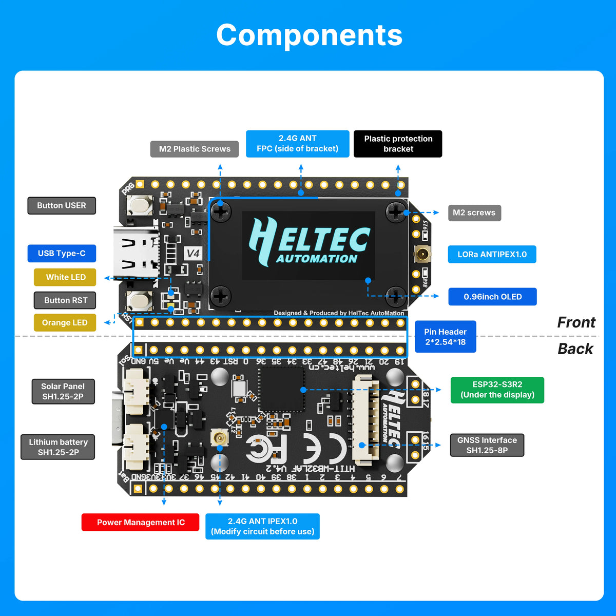 Heltec V4 Meshtastic WiFi LoRa 32 razvodna pločica kućište set meka antena ESP32 SX1262 sol energija BLE Low Power