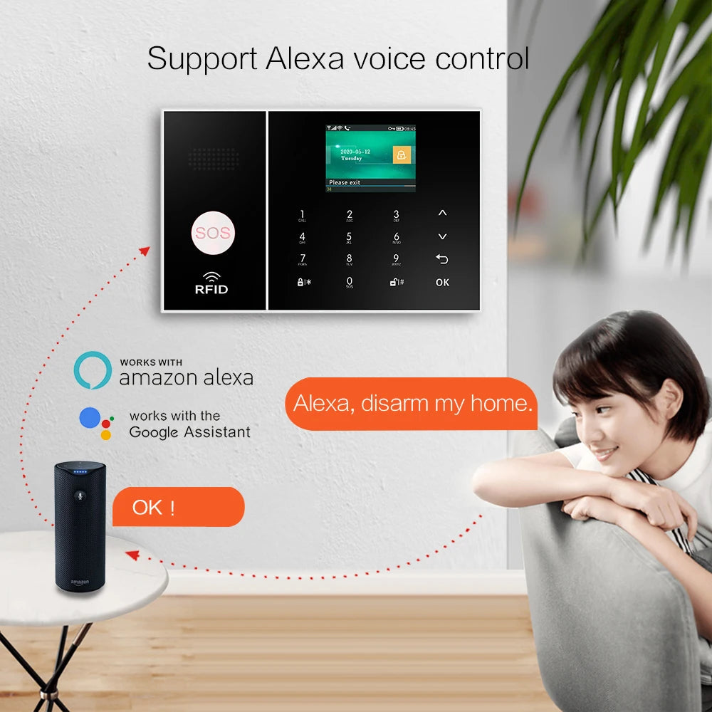 PGST Smart Life Alarm System for Home WIFI GSM Security Alarm Host with Door and Motion Sensor Tuya Smart App control work Alexa 