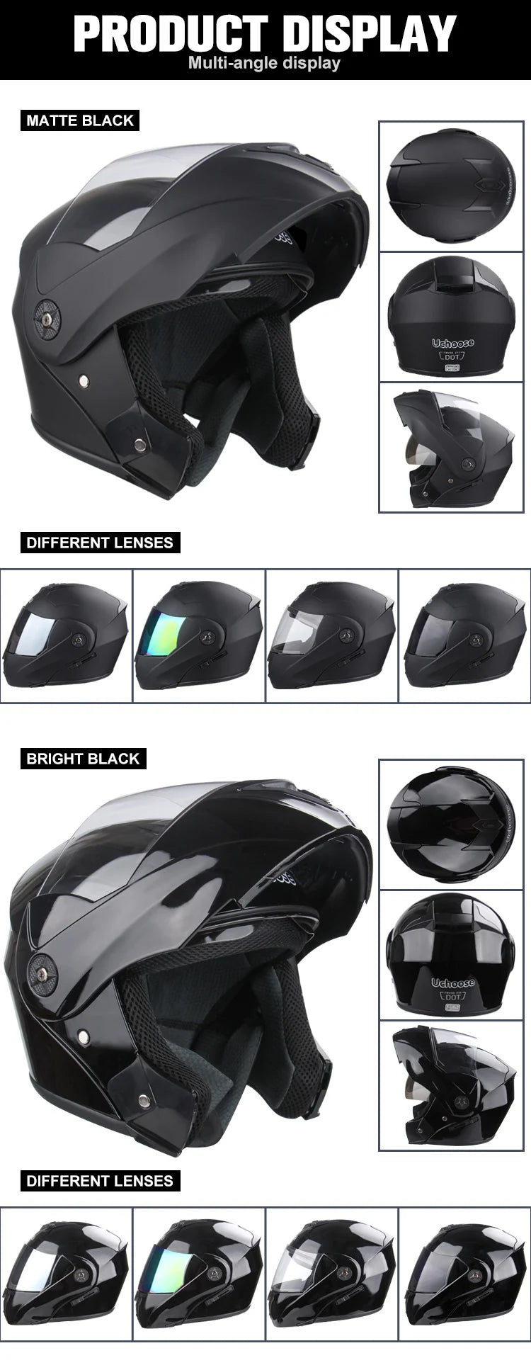 DOT Certification Uchoose Motorcycle Helmet Double Lens Cross Section Helmet Safety Modular Flip Helm Unisex Helmet With Visor 