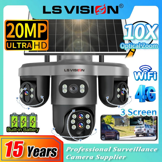 LS VISION 20MP 4 Lens Three Screen 4G Solar Camera Outdoor WiFi 10X Optical Zoom Auto Tracking Wifi Surveillance Camera V380 Pro 