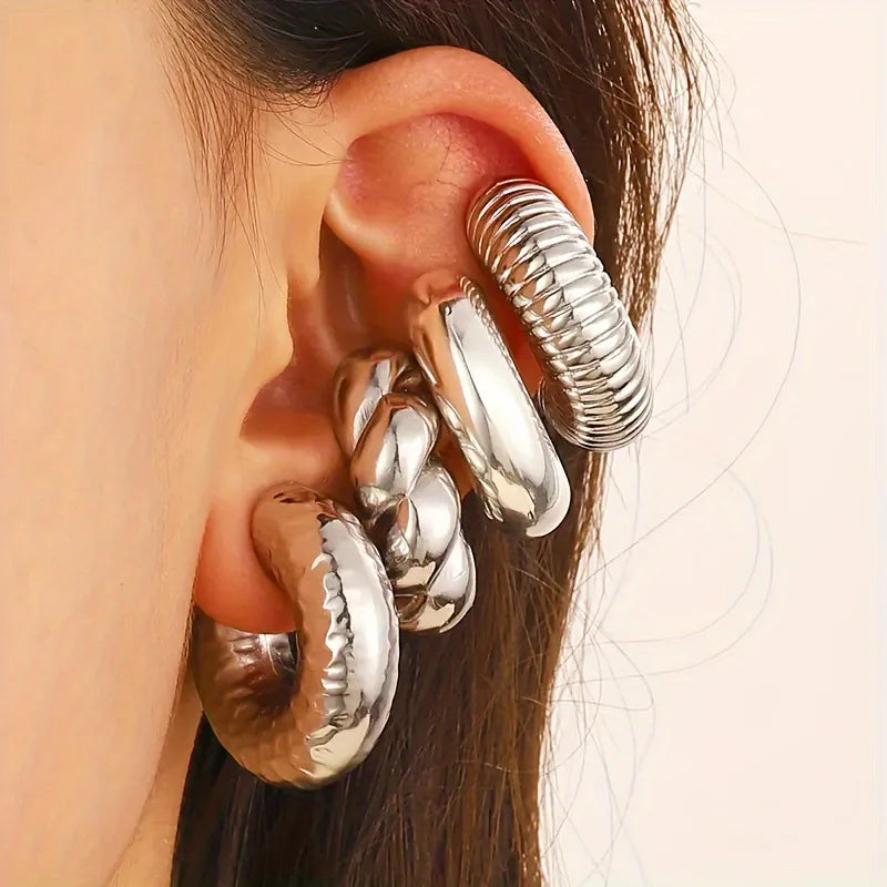 Fashion 4pcs C Shaped Acrylic Ear Clip for Women Simple Gold Silver Color No Pierced Round Earrings Punk Female Jewelry 