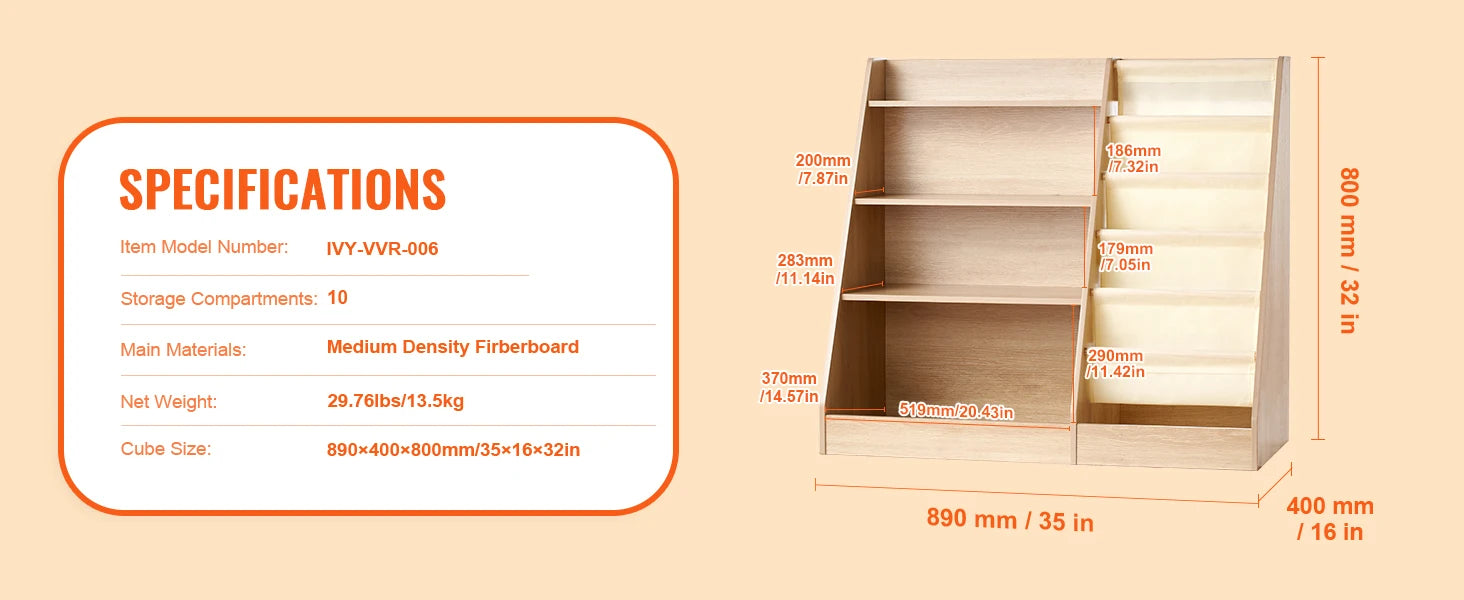 4-Tier Kids Bookshelf with Sling Storage & 10 Compartments