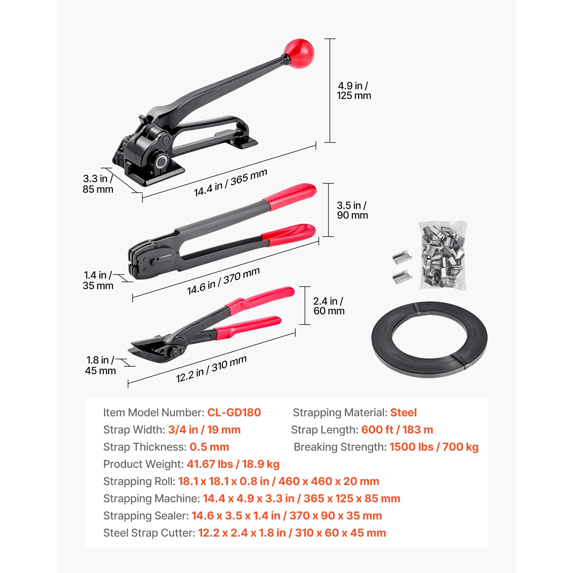 Heavy-Duty Steel Banding Strapping Kit with 600ft Strap & Seals