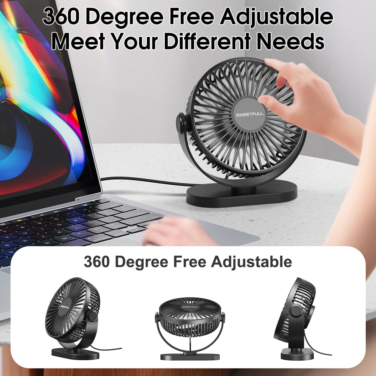 USB Desktop Wall Mounted Mini Fan, 3-Speed Quiet Cooling Fan
