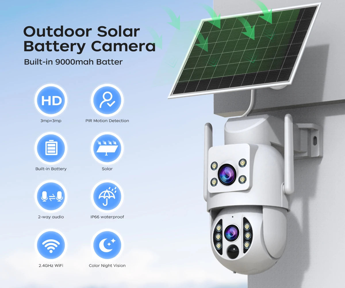 JOOAN 4K Solar Security Camera Wireless Outdoor Dual Lens Solar IP Camera PIR Color Night Vision Auto Tracking Battery CCTV Cam 