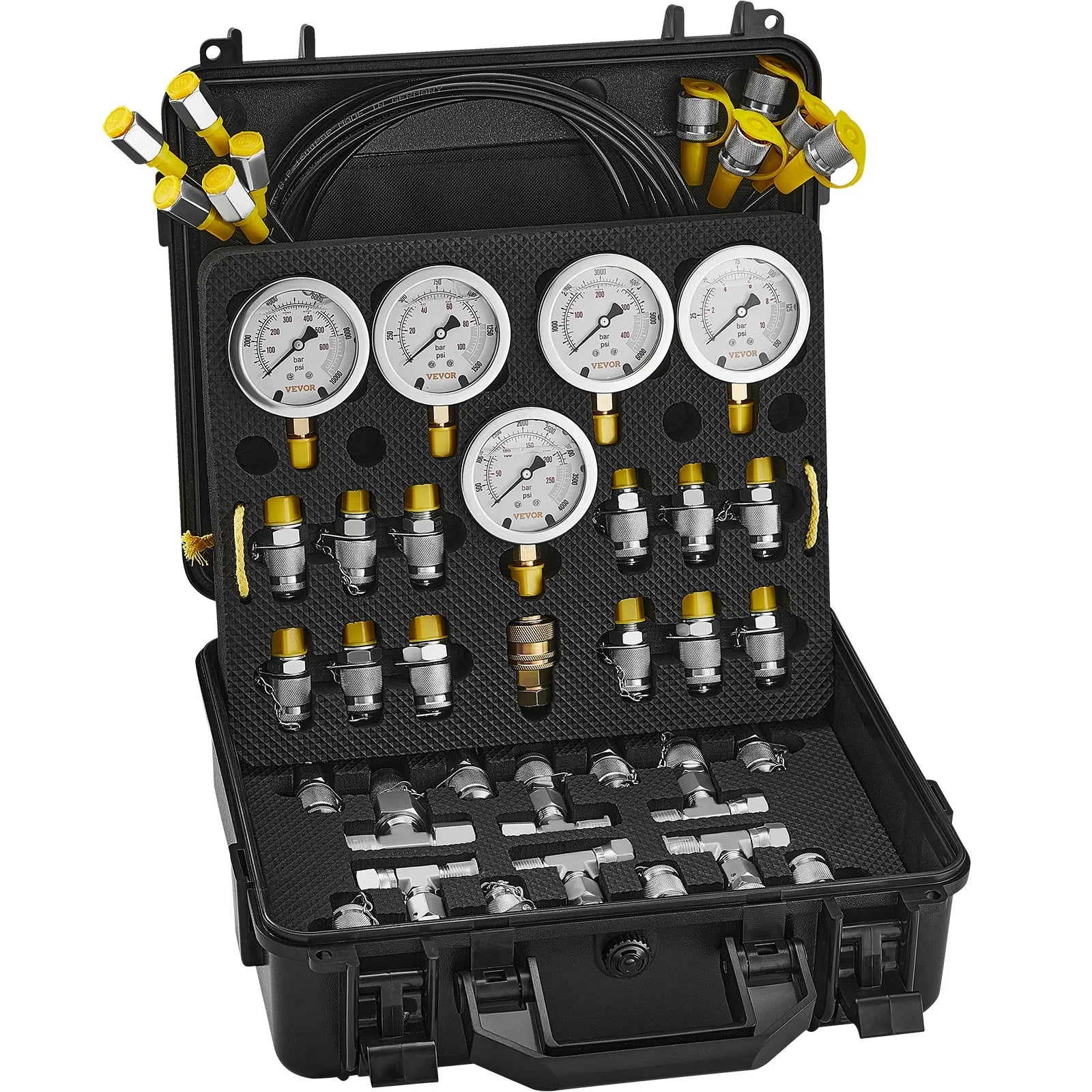 Sada pro testování hydraulického tlaku s 5 manometry a kompletní sadou adaptérů