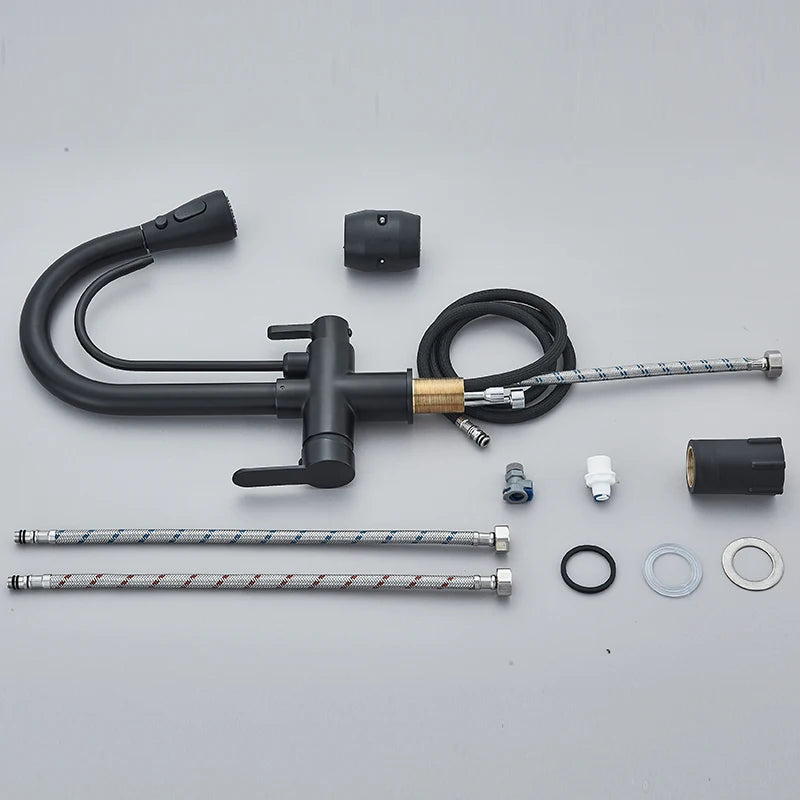 Purification Water Kitchen Faucet Black 360° Rotating Filter Water Faucets Pull Out Sprayer 3 Ways Hot Cold Water Mixer Tap 
