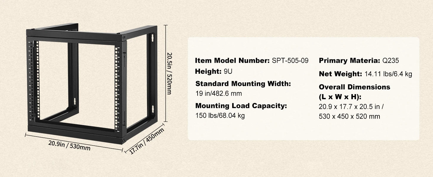 9U Wall Mount Server Rack 19 Inch Open Frame 150 lb Capacity